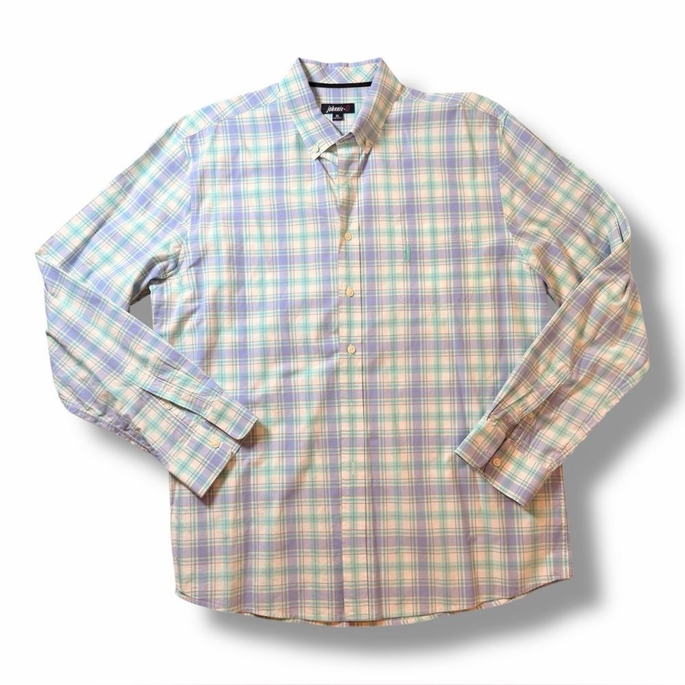 Johnnie-O Plaid Long Sleeves Button-Up Shirt Dress Purple Green White Cotton XL